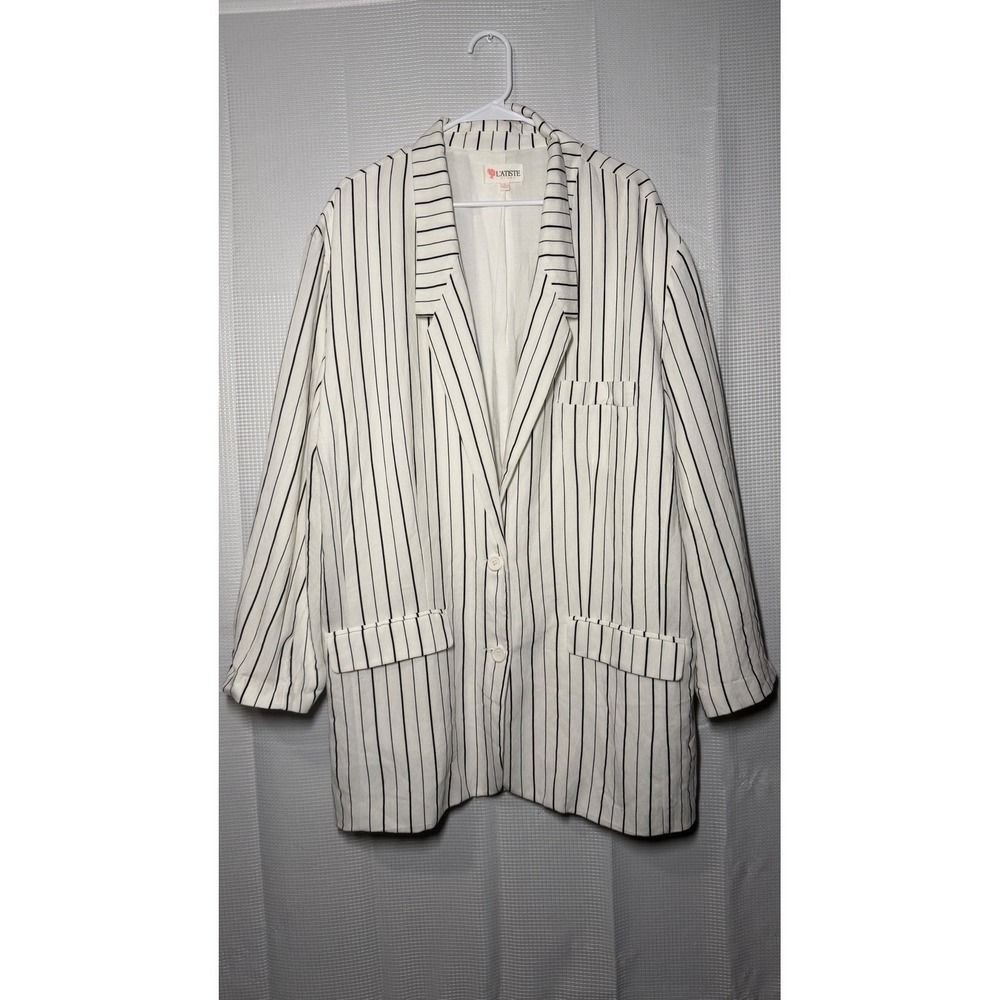 L'Atiste Blazer L White Black Pinstripe Oversized Longline‎ LTP853D